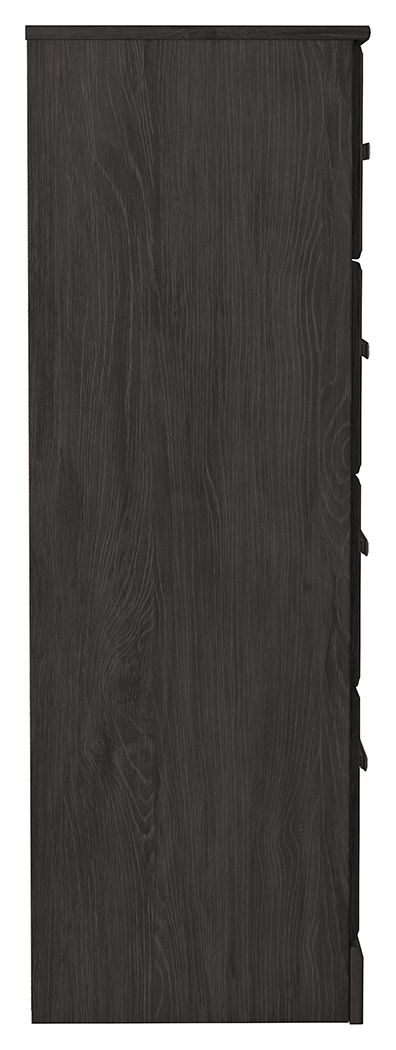 Charcoal four-drawer chest side panel with woodgrain finish and corner legs