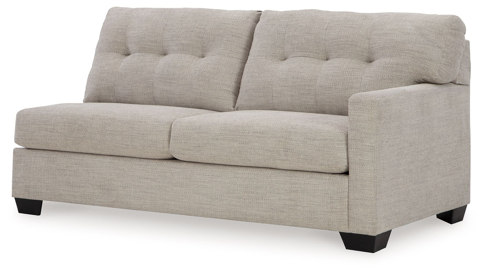 Pebble light-gray raf sofa with tufted back, padded track arms, black feet