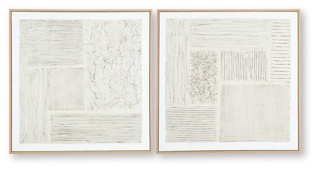 Set of 2 framed abstract wall prints with textured white blocks; beige and dark frames