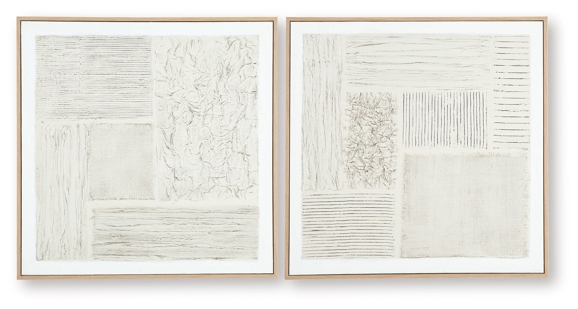 Set of 2 framed abstract wall prints with textured white blocks; beige and dark frames