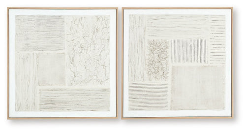 Set of 2 framed abstract wall prints with textured white blocks; beige and dark frames