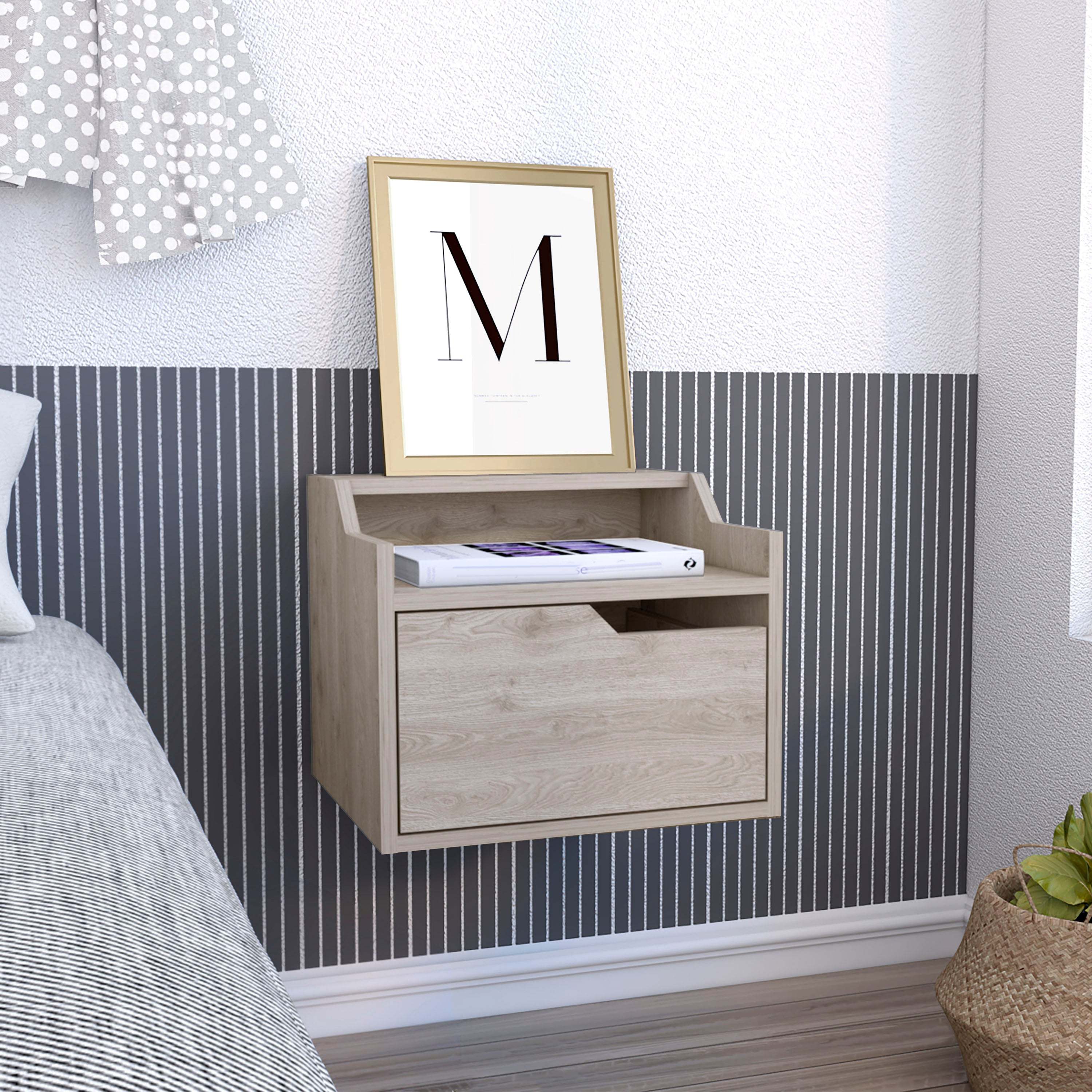 Busan Modern Floating Nightstand, Light Grey Single-Drawer Bedroom