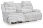 Reclining power sofa with drop-down table, light gray ribbed upholstery, padded arms