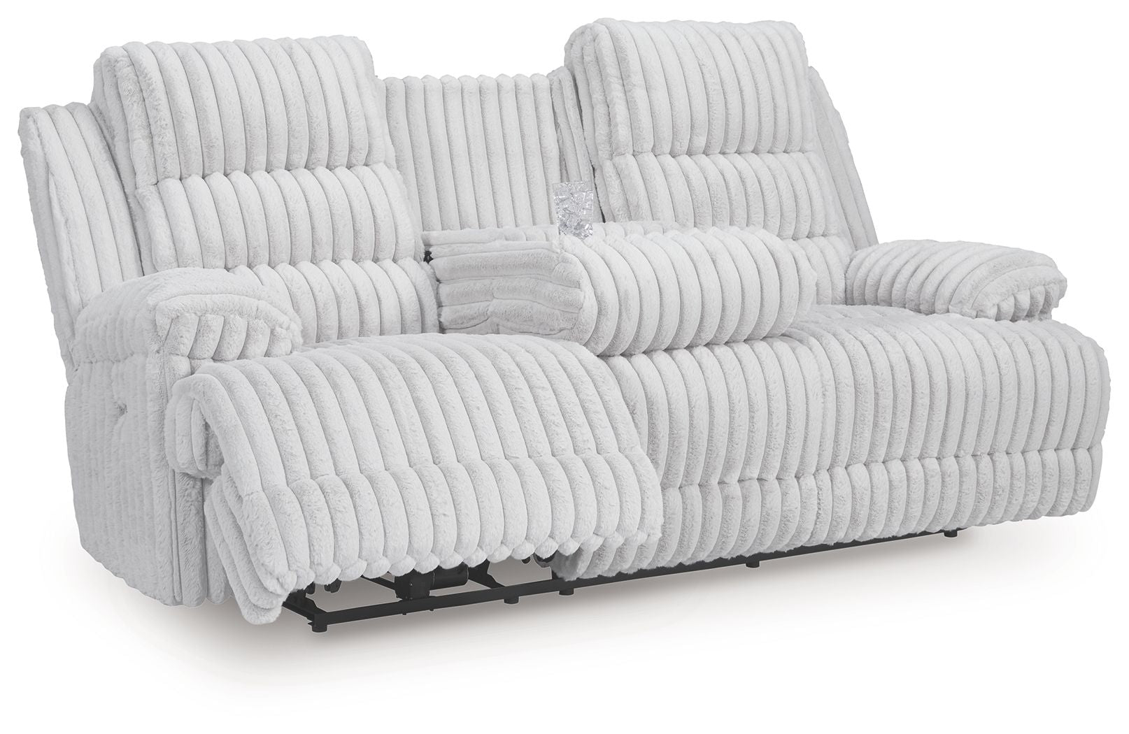 Reclining power sofa with drop-down table, light gray ribbed upholstery, padded arms