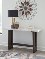 White marble sofa table with dark brown wood legs and open center apron