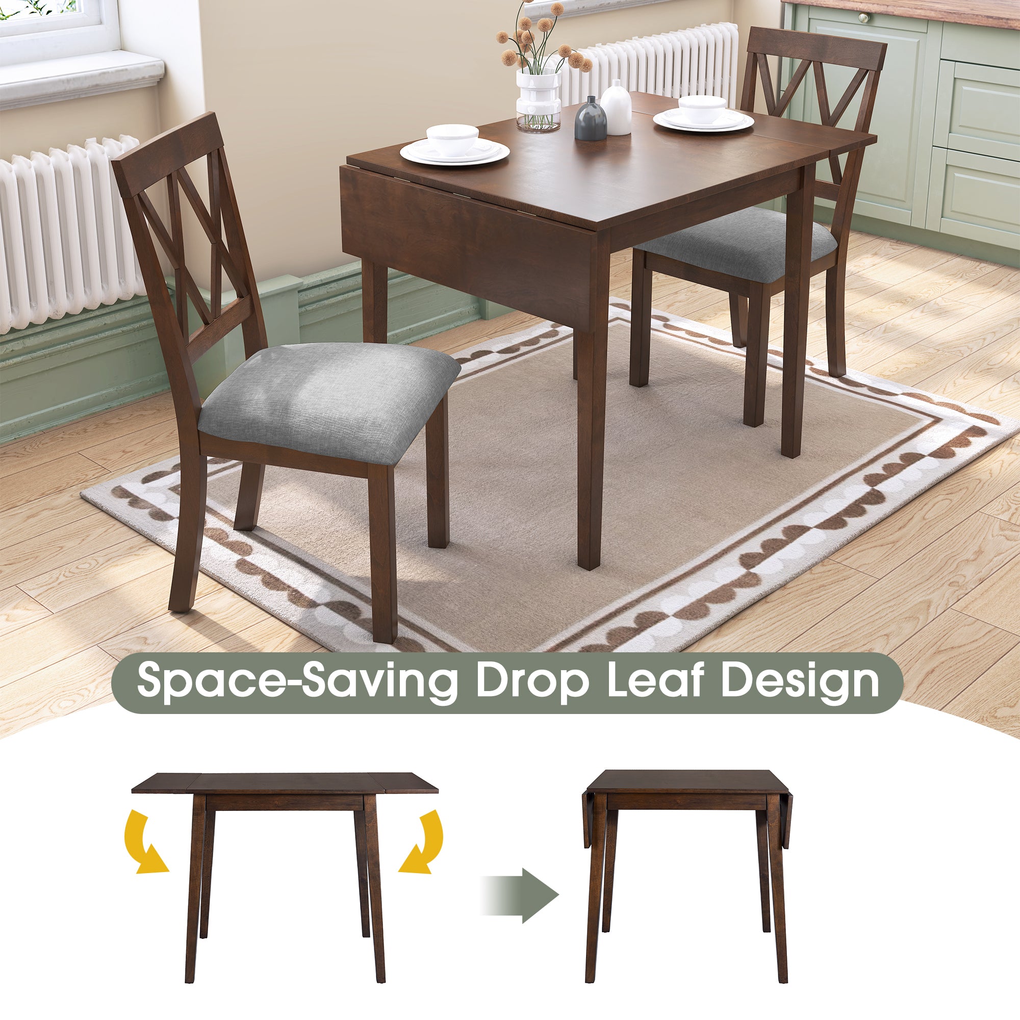 3 Piece Drop Leaf Kitchen Dining Set - Brown