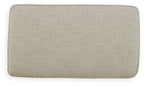 Fog beige upholstered ottoman with smooth seat and rounded edges