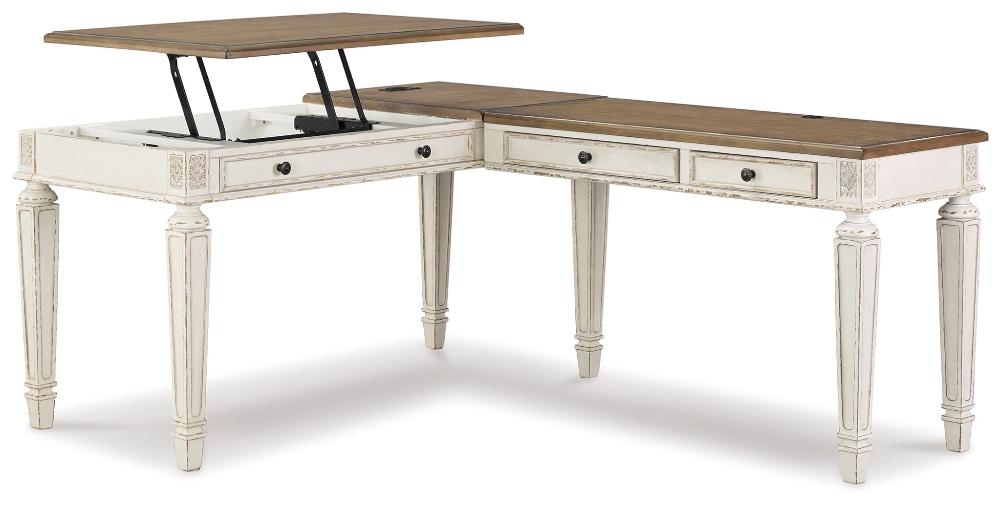 L-shaped lift-top desk in white with brown tabletop and drawers