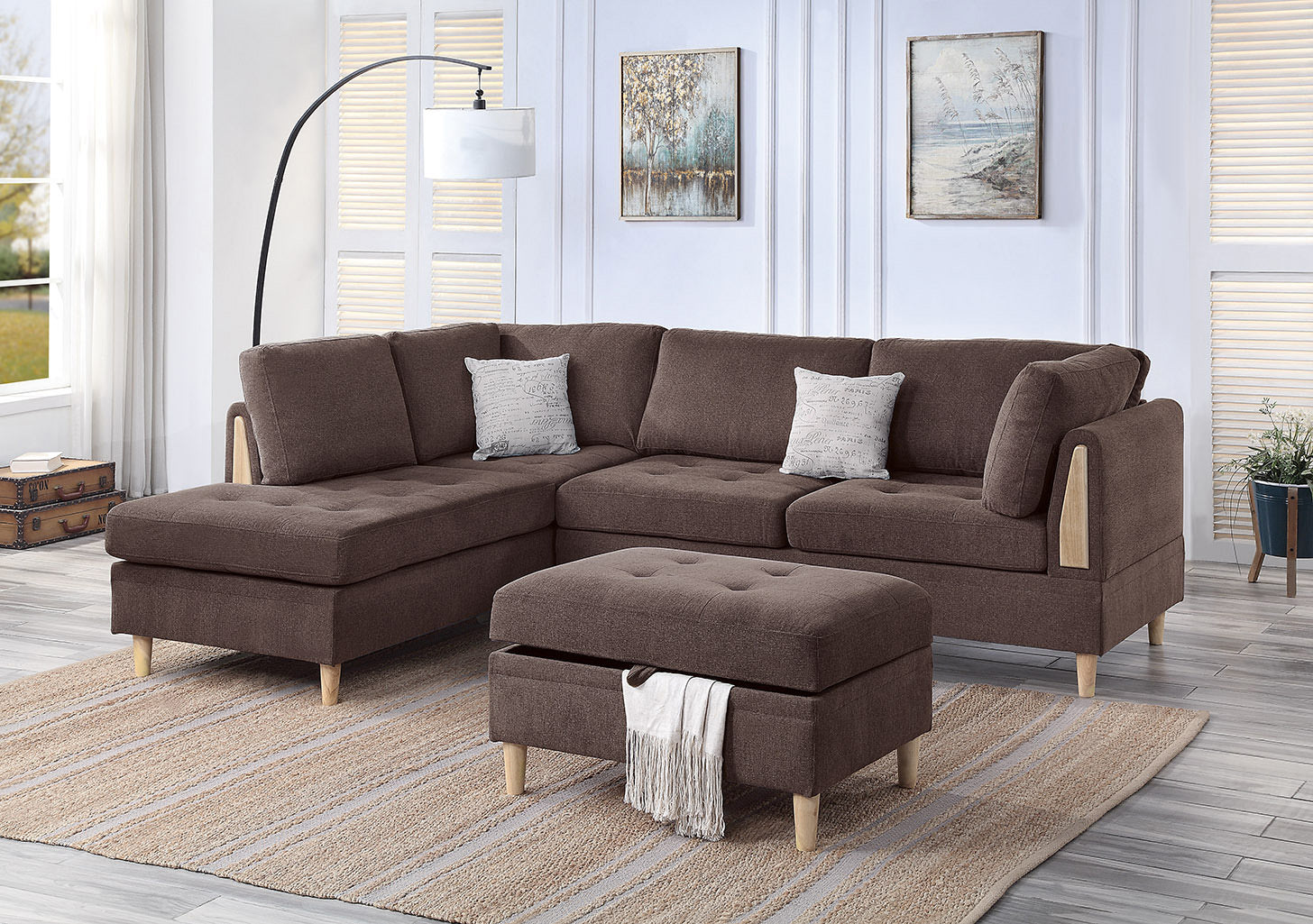 Chocolate Chenille 3-Piece Sectional Sofa & Ottoman