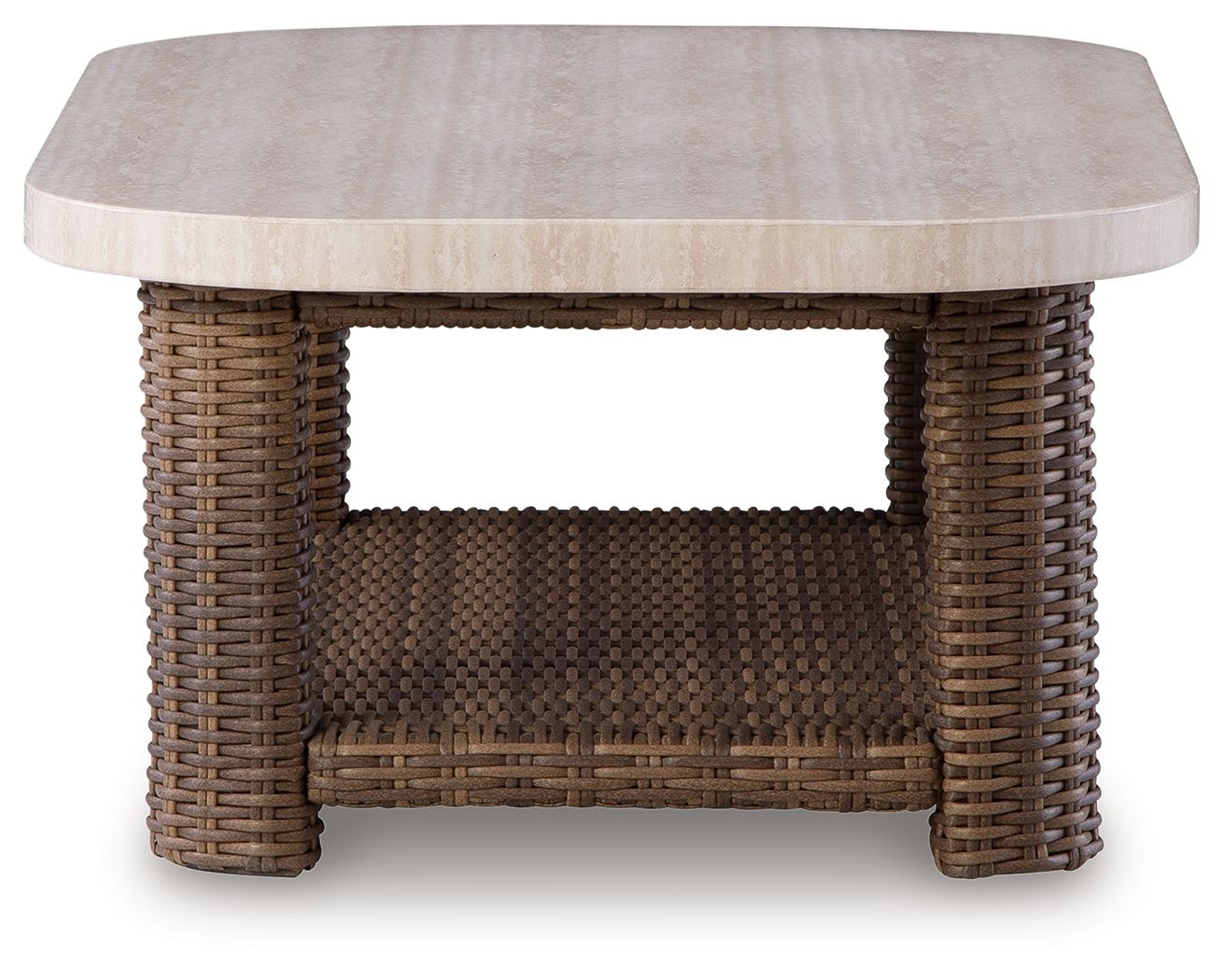 Rectangular cocktail table with light beige tabletop and dark woven lower shelf