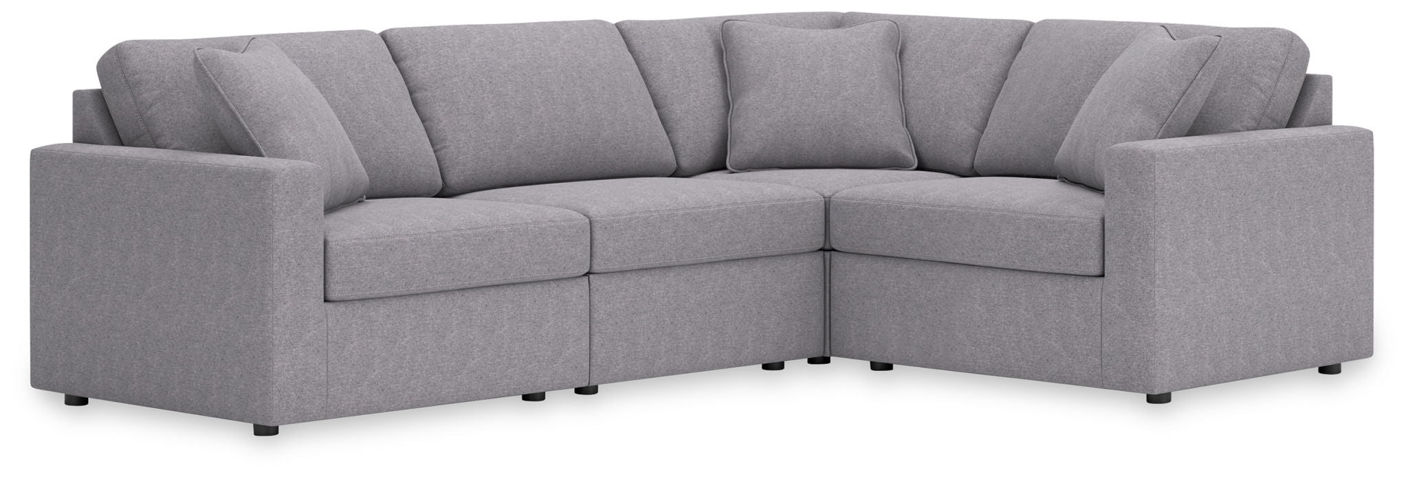 Gray fabric sectional sofa with wedge corner, box cushions, and track arms