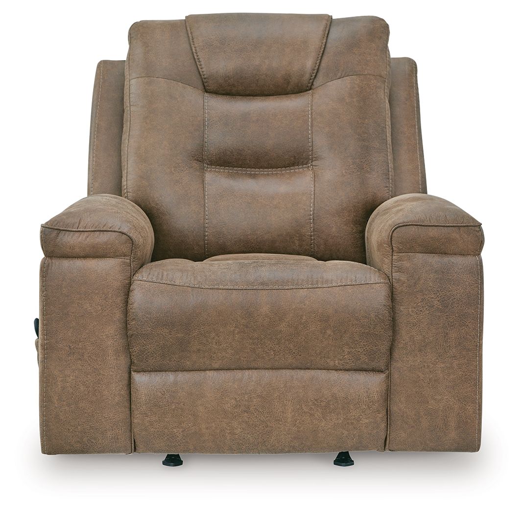 Earth-toned rocker recliner chair with tall back, cushioned armrests, and visible feet