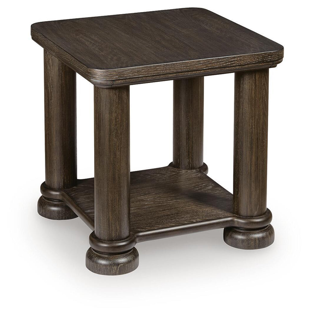 Dark brown rectangular end table with lower shelf, sturdy legs, and dark wood grain