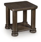 Dark brown rectangular end table with lower shelf, sturdy legs, and dark wood grain
