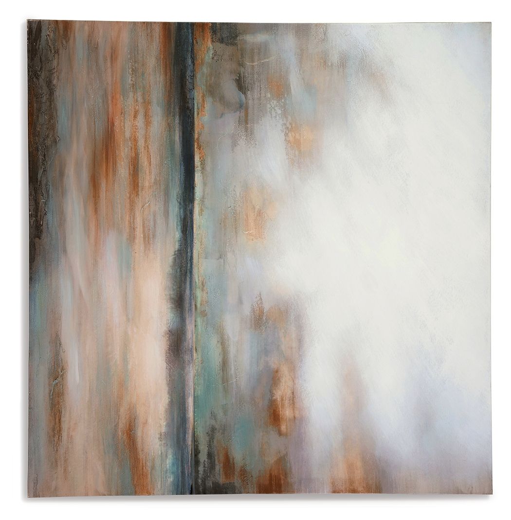 Abstract wall art canvas with vertical grey, teal, and gold textured bands