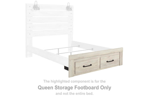Queen storage footboard with two drawers, whitewash wood finish