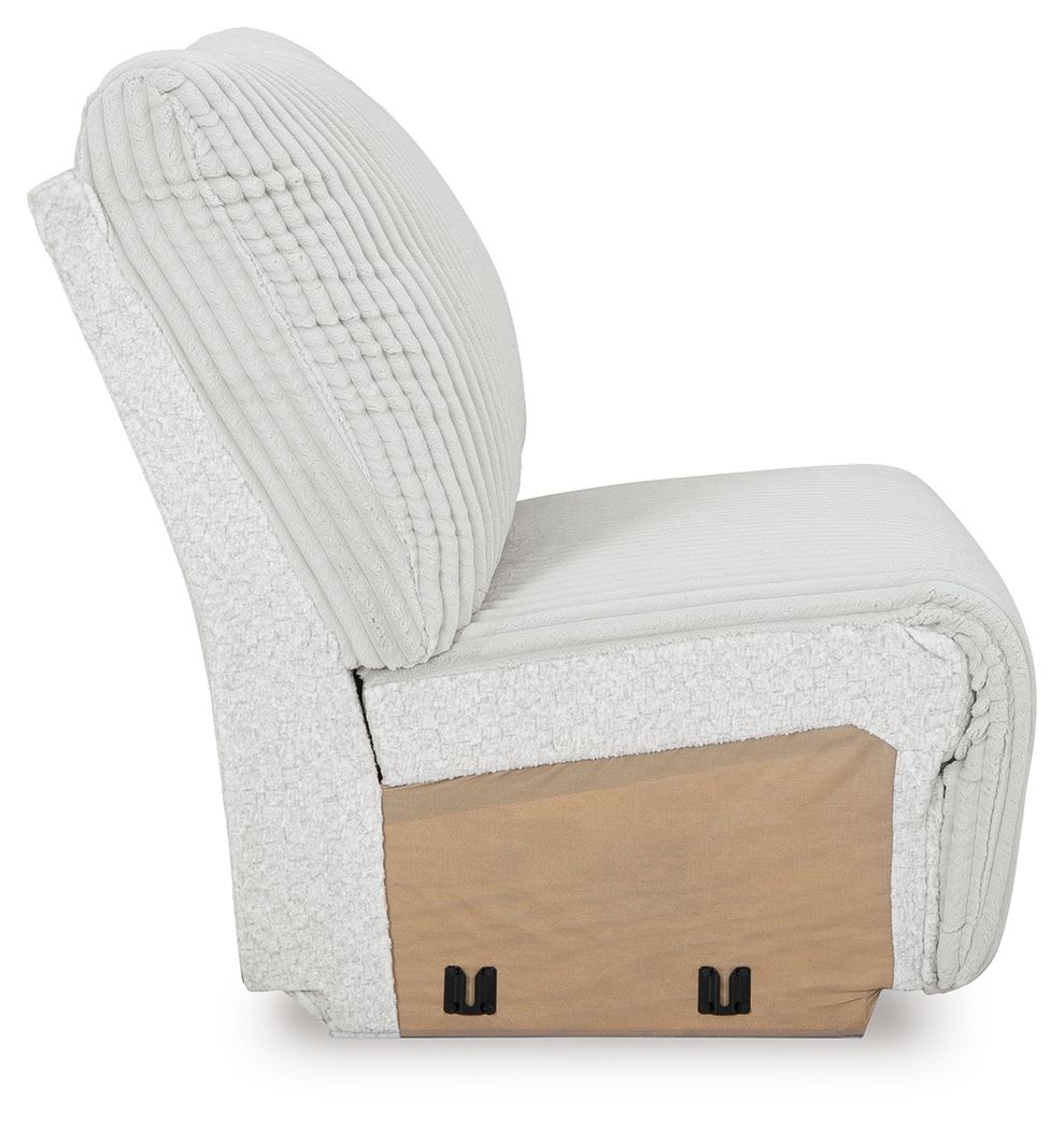 Armless chair side view with ribbed light gray upholstery, tan base panel, black feet