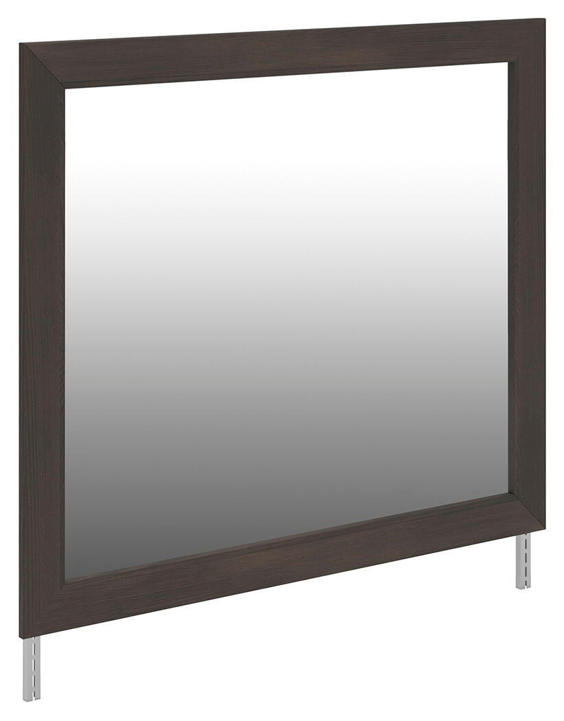 Dark brown framed bedroom mirror with flat glass panel and two metal feet