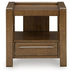 Square brown end table front view, open shelf and drawer with silver bar pull