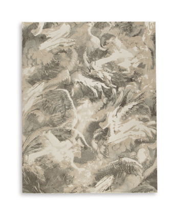 Beige and gray abstract patterned rug with dense, textured swirls and marks