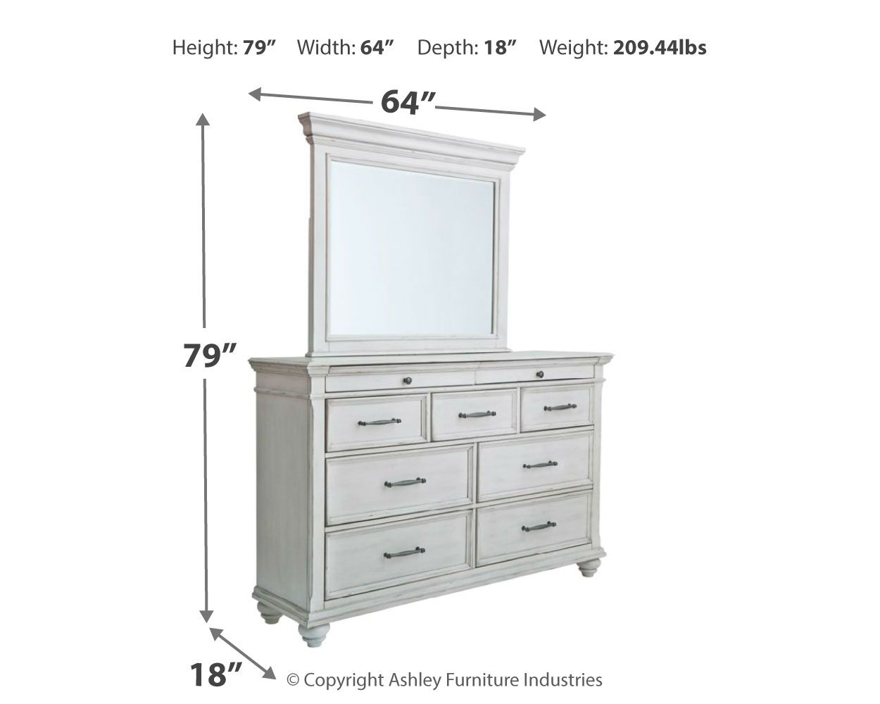 White dresser with mirror dimensions: H79 W64 D18 in