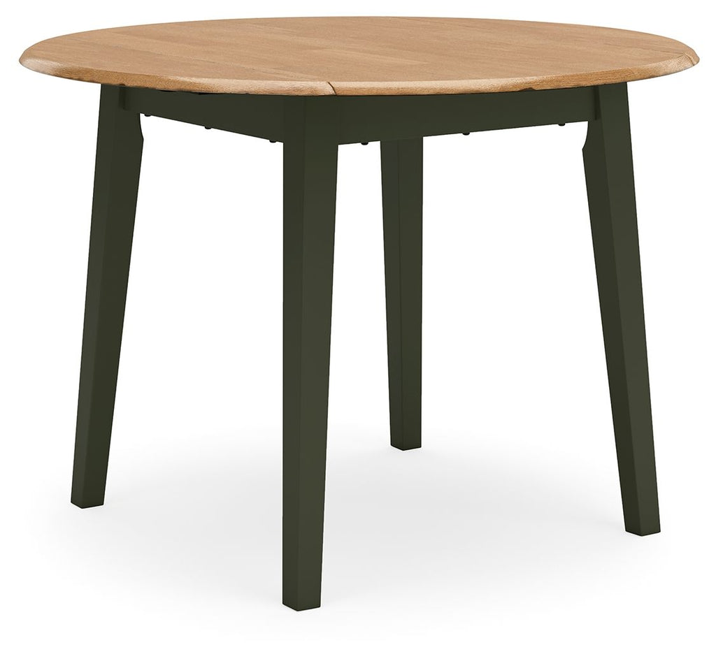 Round drop-leaf dining table with wood top and green legs, leafs closed