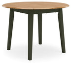 Round drop-leaf dining table with wood top and green legs, leafs closed
