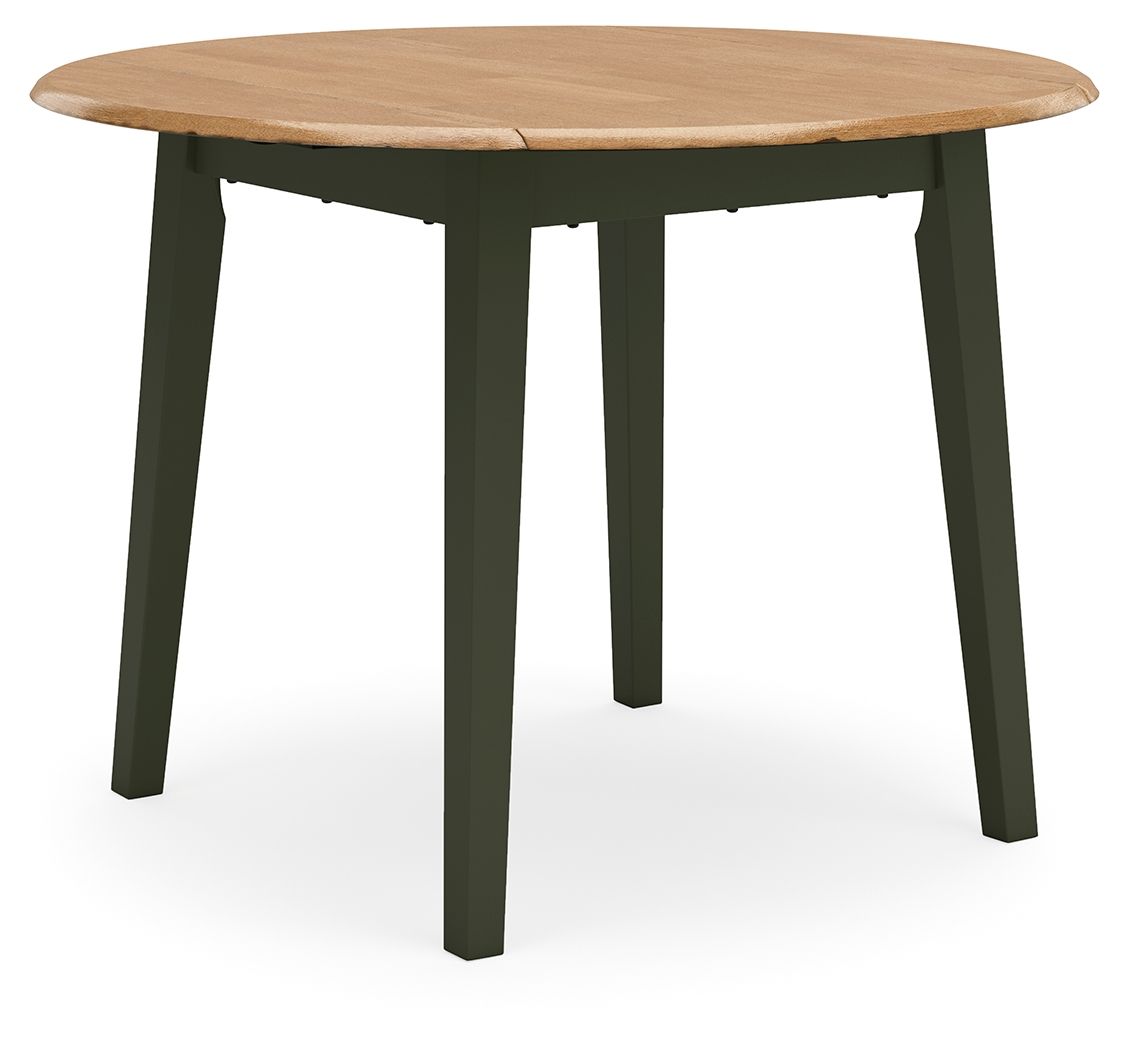 Round drop-leaf dining table with wood top and green legs, leafs closed