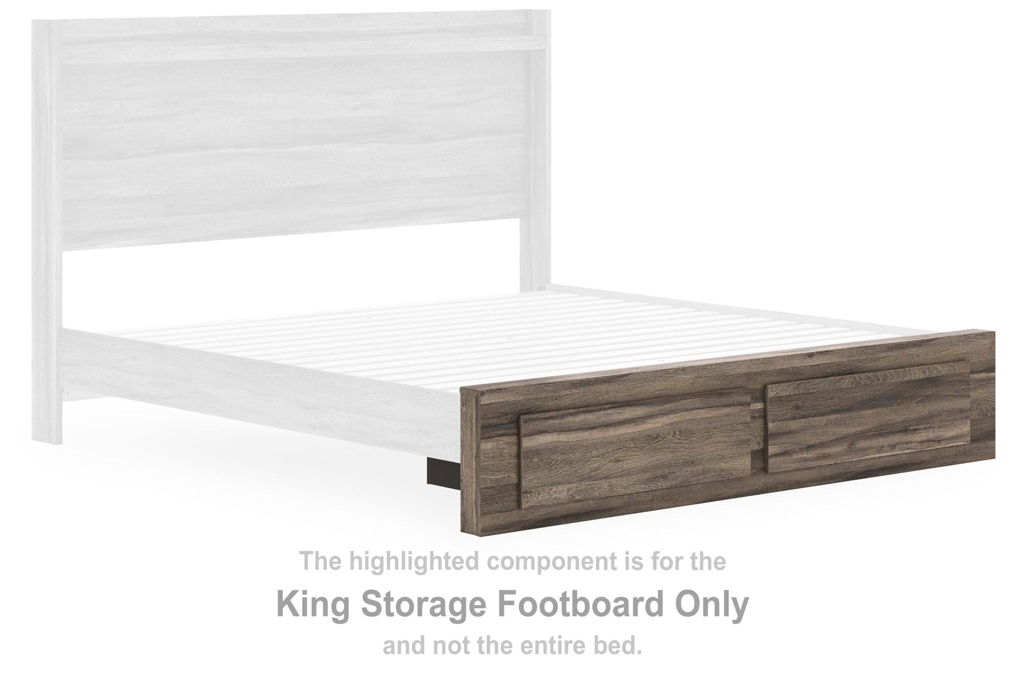 Brown king storage footboard with built-in drawer front panel