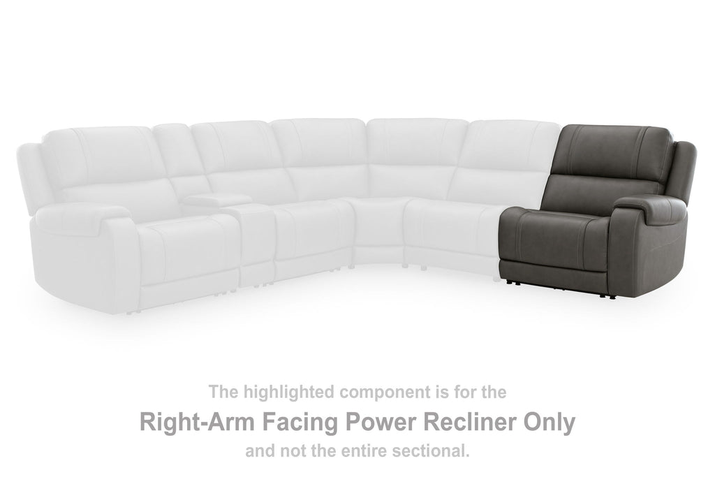 Right-arm facing gray power recliner section shown on a larger sectional