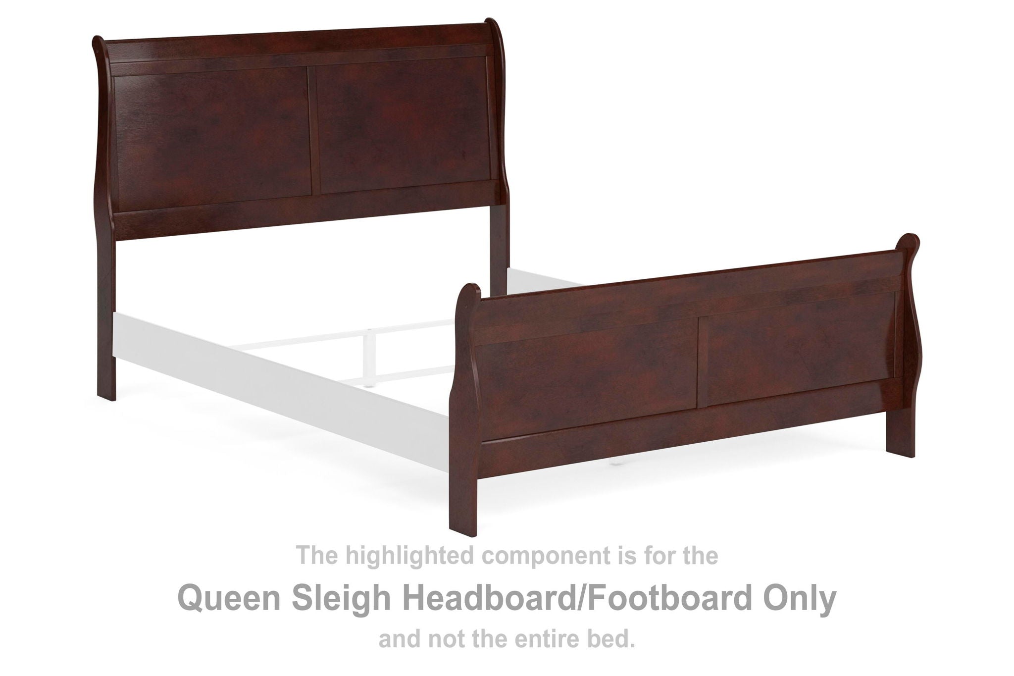 Queen size sleigh headboard and footboard, reddish brown upholstered panels