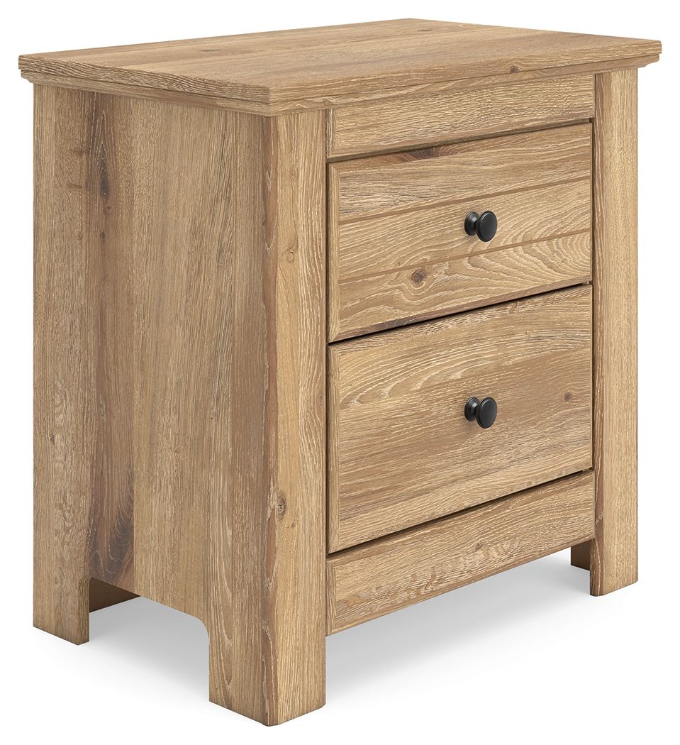 Light brown two-drawer night stand with two rectangular drawers and black round knobs