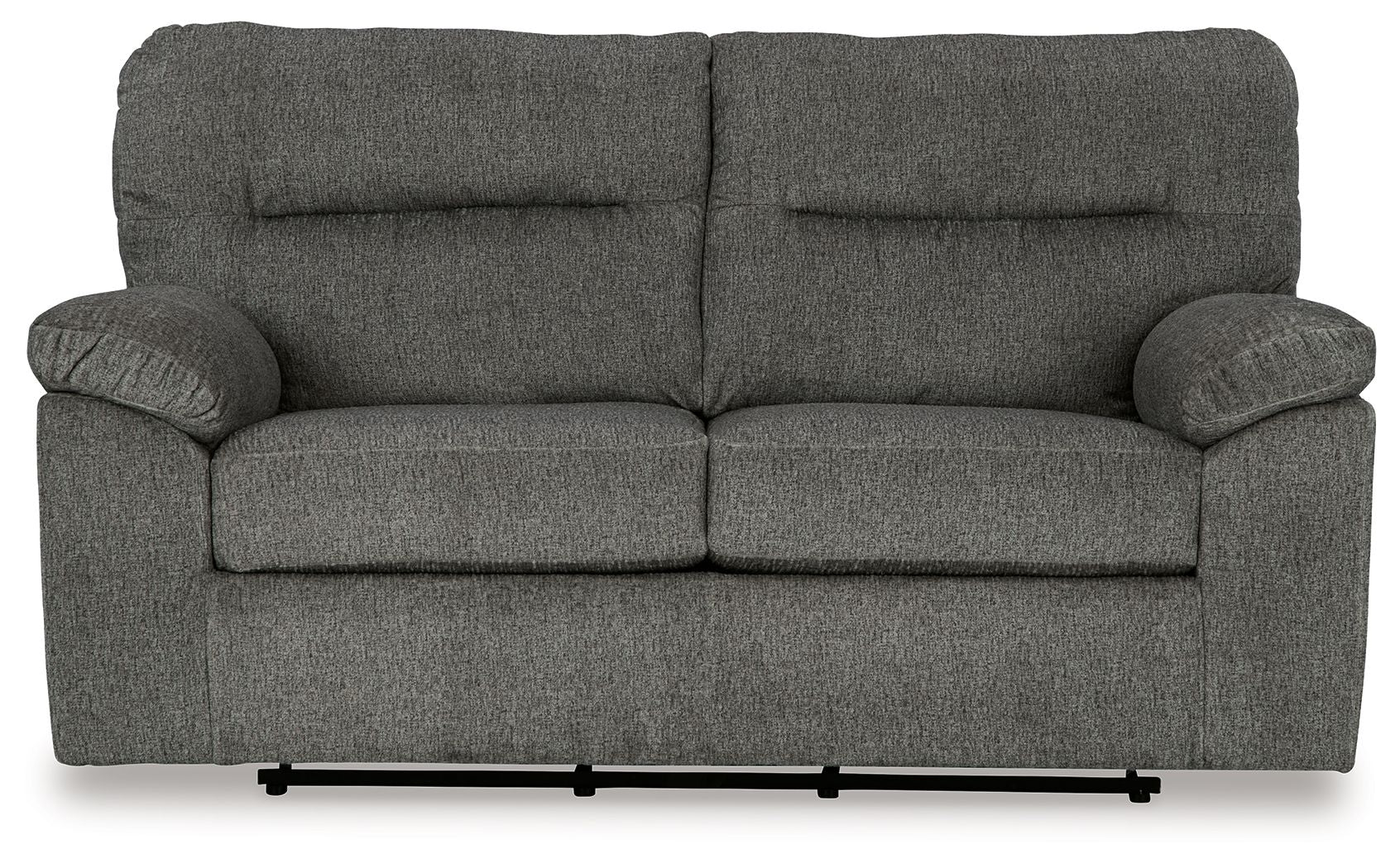 Glider loveseat front view, dark gray upholstery with padded arms and two back cushions