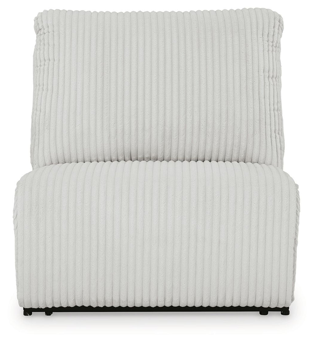 Light gray armless recliner chair with ribbed backrest and cushioned seat