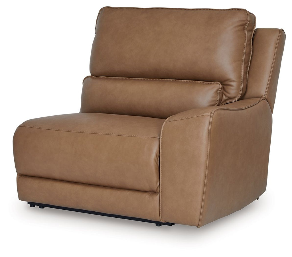 Caramel leather-look power recliner chair with padded arms and reclined footrest
