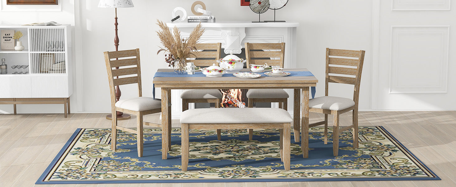 6-Piece Rustic Dining Set w/ Bench - Natural Wood