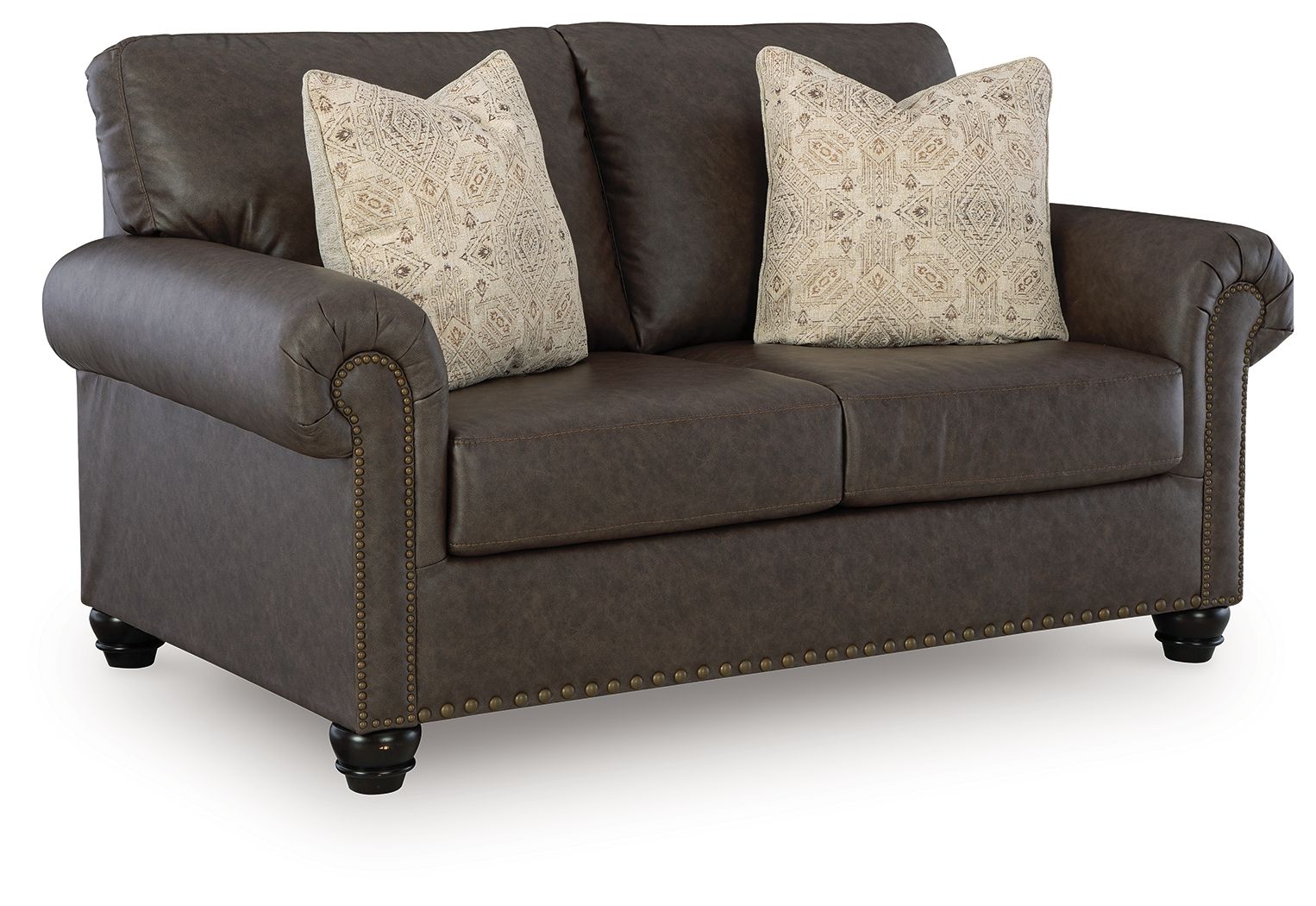 Umber loveseat with nailhead trim, two seat cushions, and two patterned throw pillows