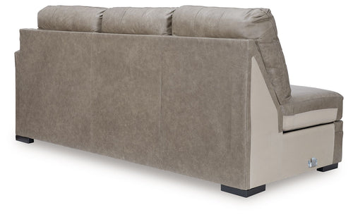 Beige fabric right-arm sofa chaise with tall back and single seat cushion