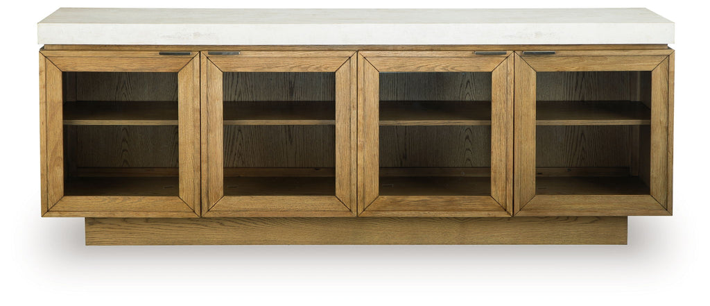 Light brown accent cabinet with four front cubby doors and open shelving