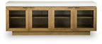 Light brown accent cabinet with four front cubby doors and open shelving
