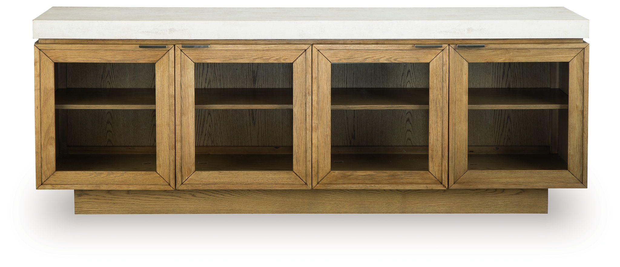 Light brown accent cabinet with four front cubby doors and open shelving