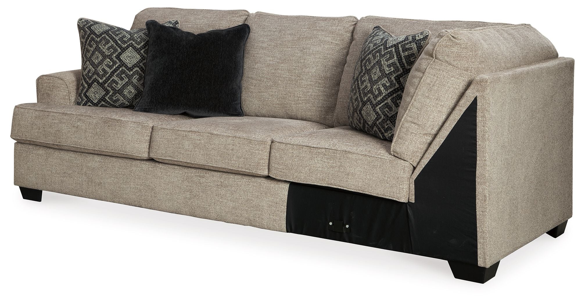 Stone gray sofa with left arm and upholstered cushions, dark patterned throw pillows