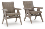 Beige woven rocking arm chairs, set of 2, with light wood arms and base