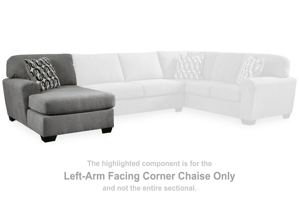 Gray left-arm facing corner chaise component with patterned throw pillow and black legs