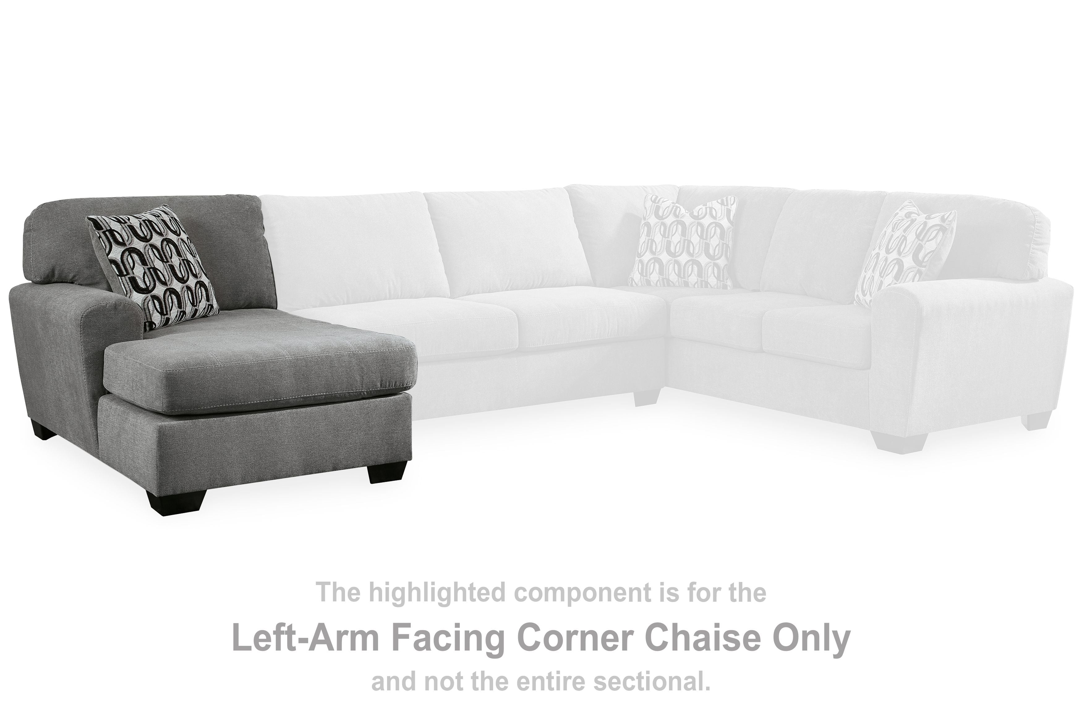 Gray left-arm facing corner chaise component with patterned throw pillow and black legs