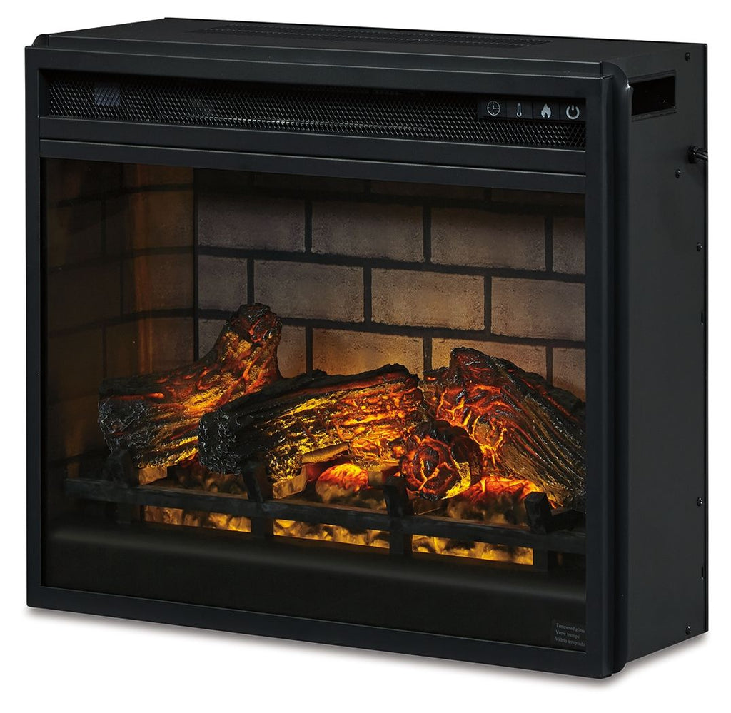 Black infrared fireplace insert open-front view with glowing logs and embers