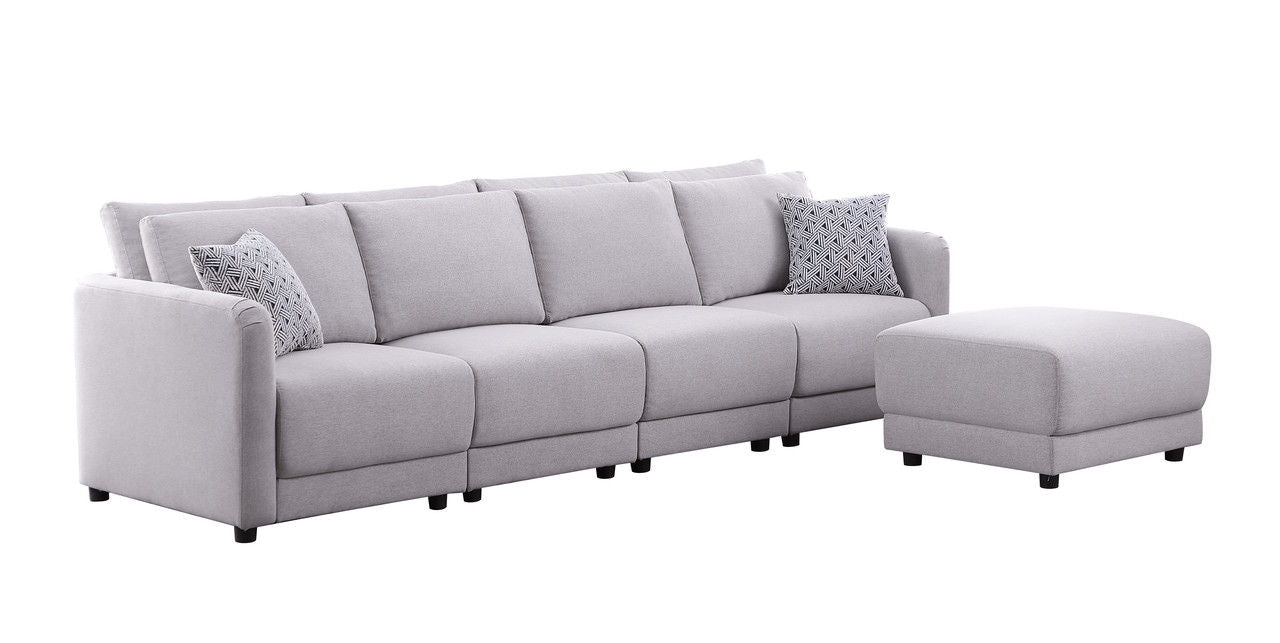 Penelope - Linen Fabric 4-Seater Sofa With Ottoman And Pillows (Set of 2) - Light Gray