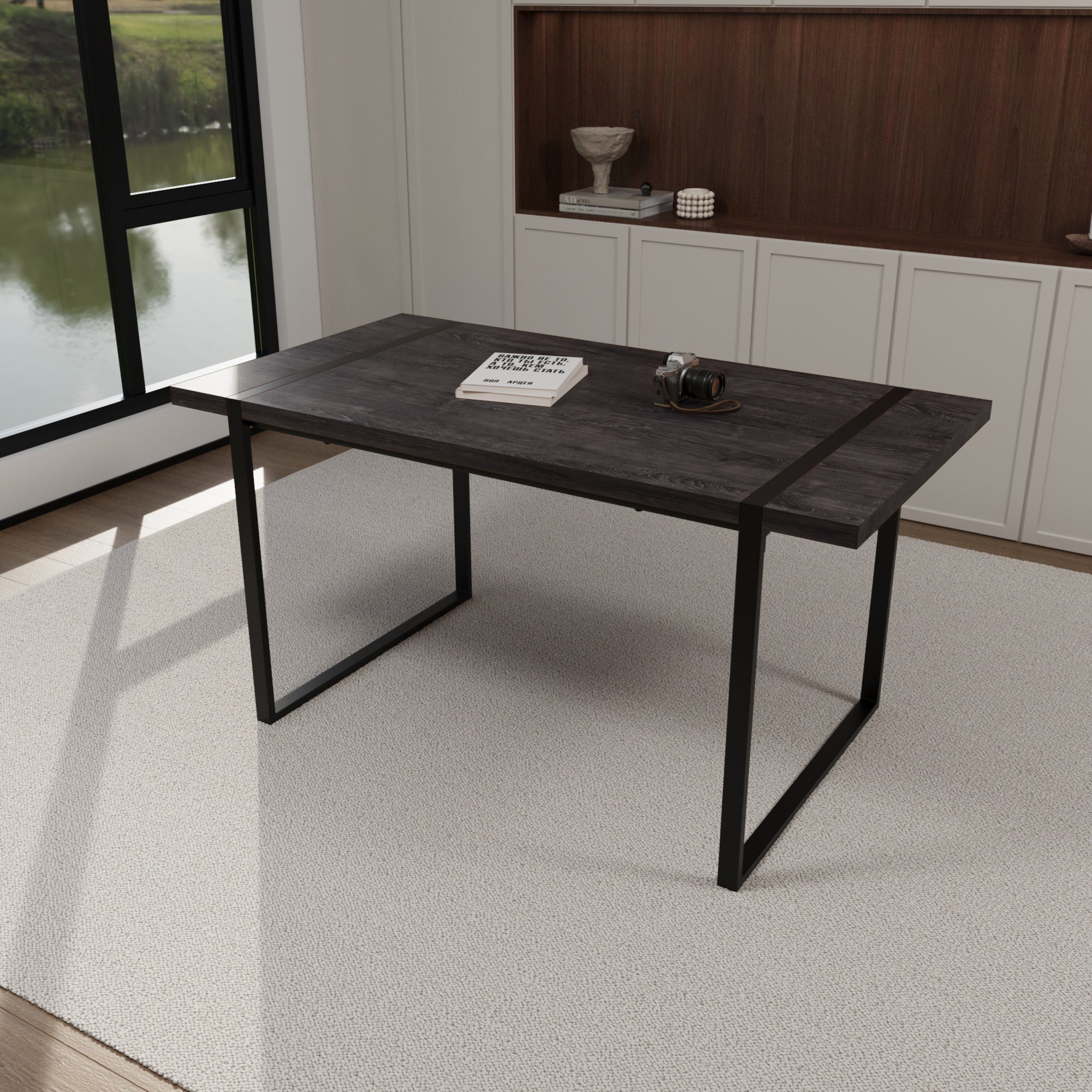 59" Black Dining Table Set - 4 Suede Chairs & Metal Base
