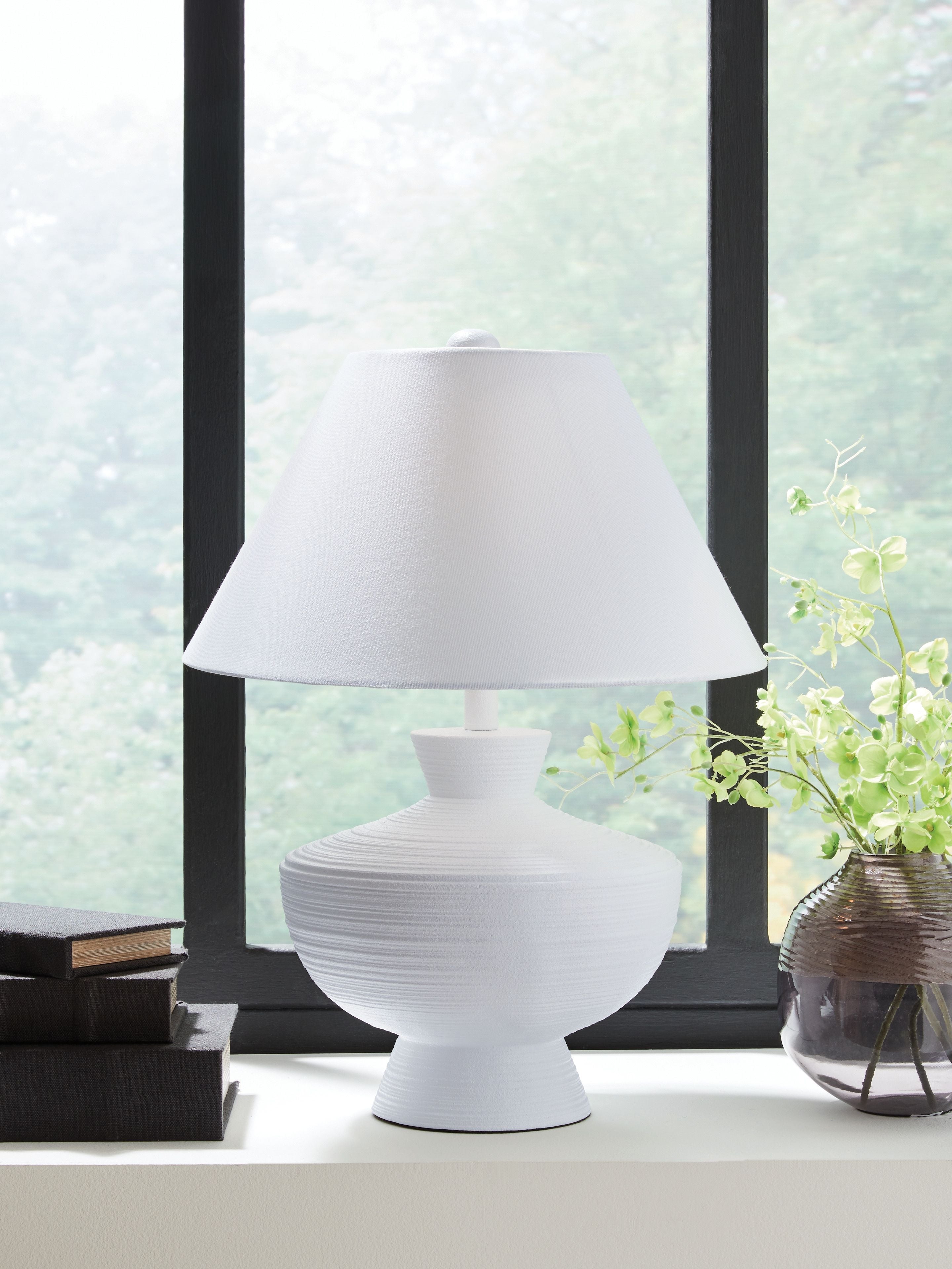 White poly table lamp with drum shade and ribbed round base