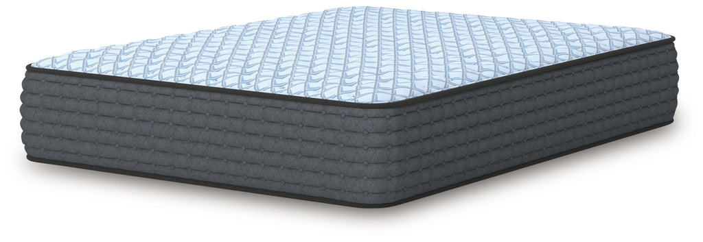 Blue firm mattress with quilted top and dark gray base, low profile view